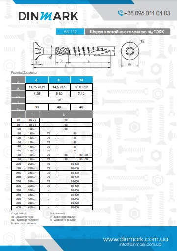 AN 112 цинк Шуруп з потайною головкою torx pdf