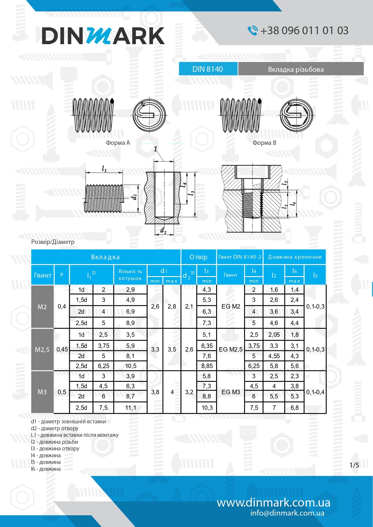 Вставка резьбовая DIN 8140-B M5x0,8 1D A2 pdf