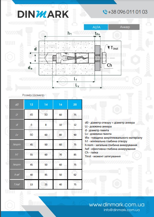 Анкер ALFA 12x45 и болт шест. гл. M6x50 цинк pdf