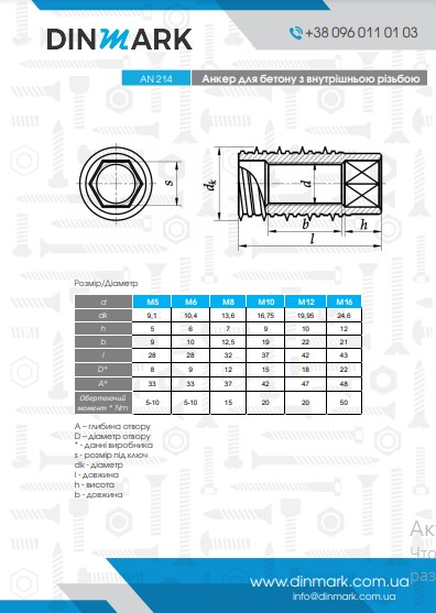 AN 214 цинк Дюбель в бетон з внутрішньою різьбою (Анкер) pdf