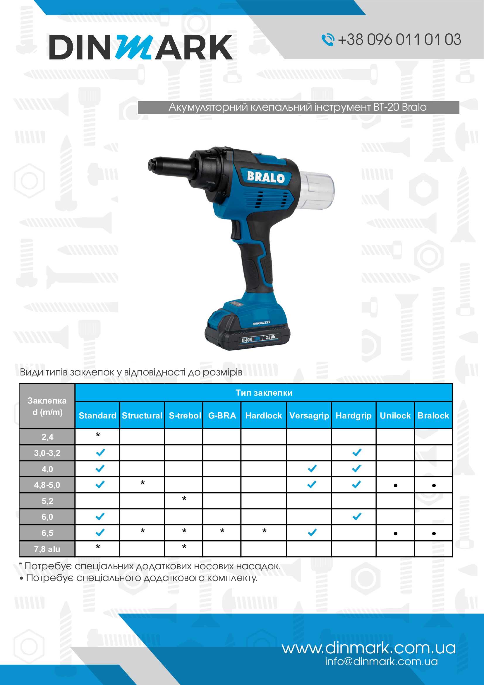 Акумуляторний клепальний Инструменты BT-20 d2,4-7,8 Bralo pdf