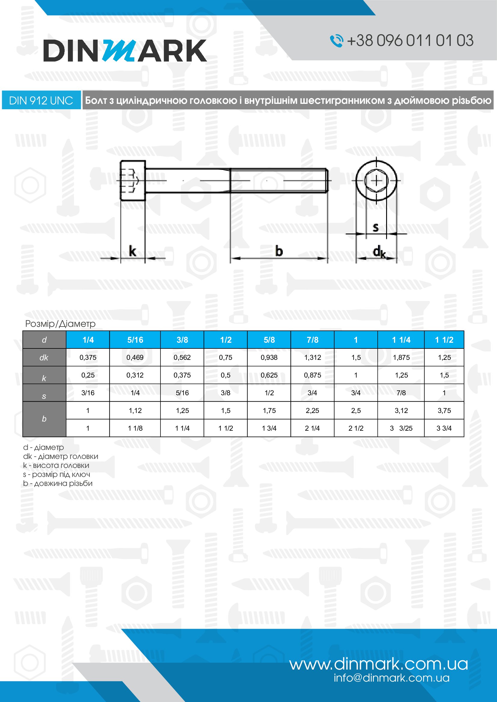 Болт DIN 912 5/8x2 1/4 (57mm) 12,9 UNC 11 pdf