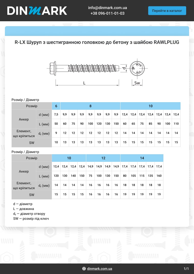 R-LX Шуруп Delta-Tone з шестигранною головкою до бетону з шайбою RAWLPLUG pdf