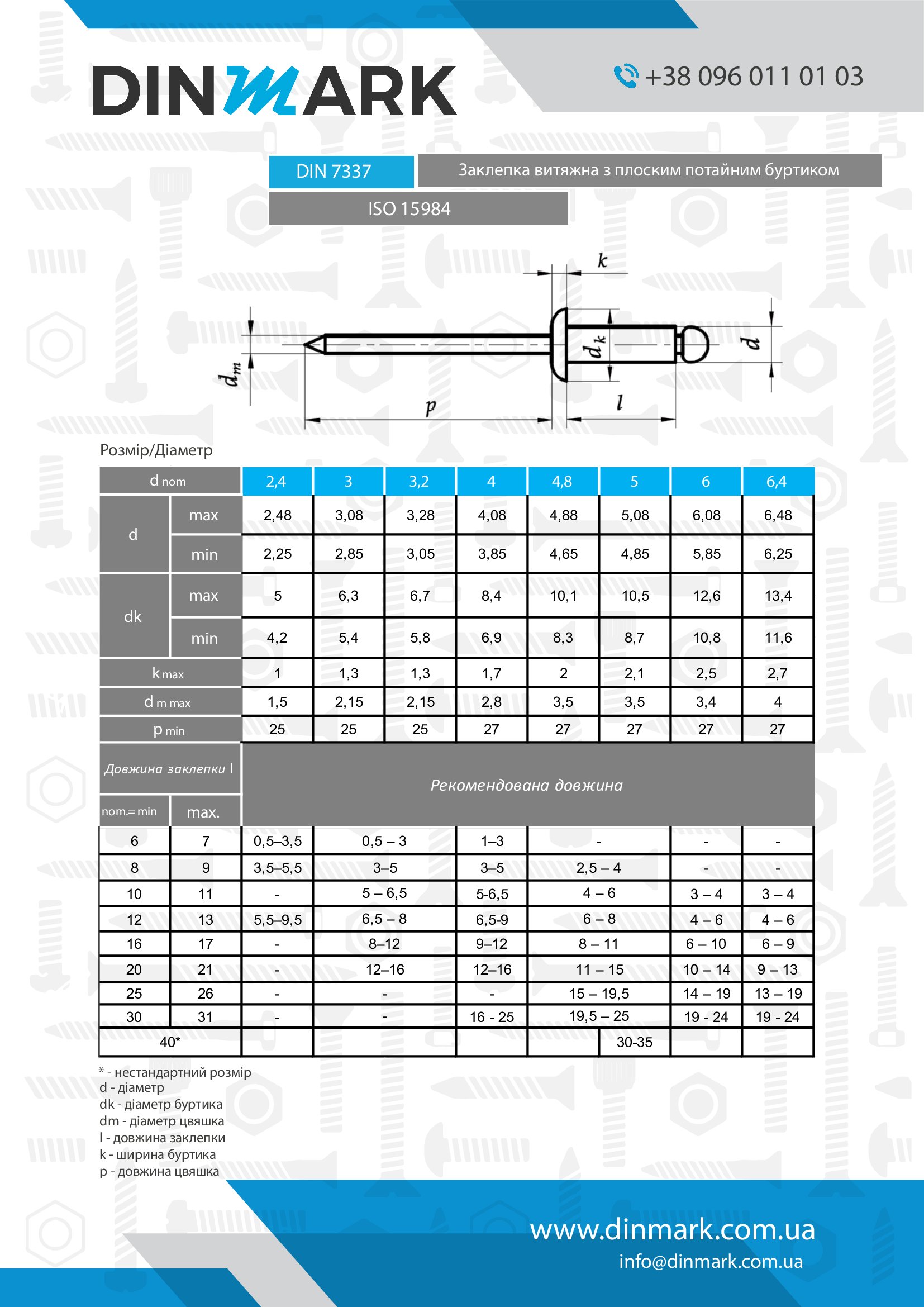 DIN 7337 A2/A2 Заклепка вытяжная с плоским потайним буртиком pdf