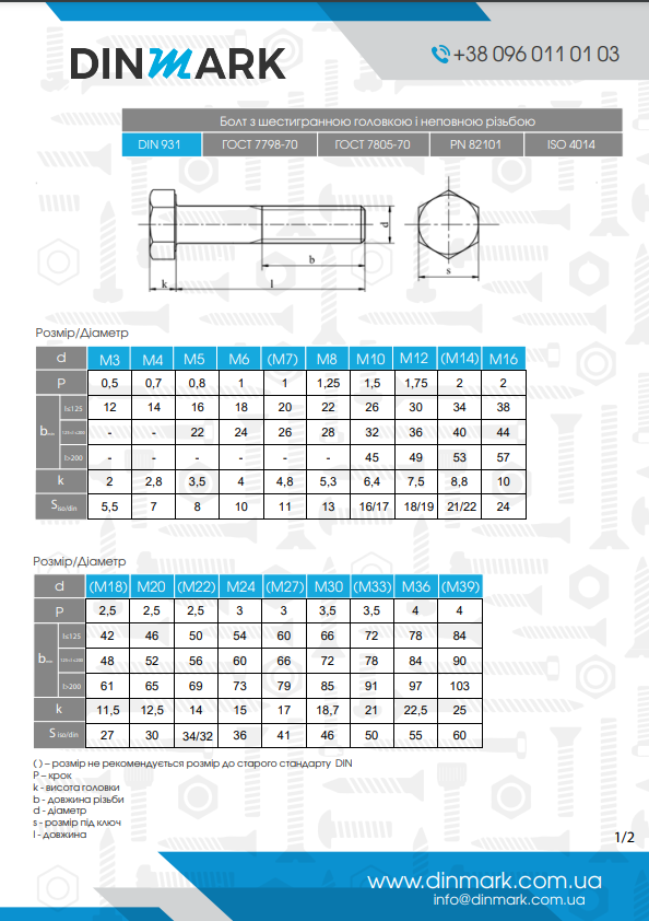 Specifications  Hexagonal head bolt with partial thread DIN 931 | Dinmark>