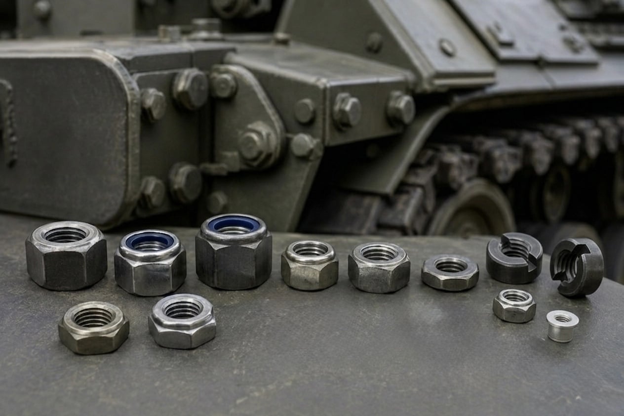 Vibration-resistant nuts and washers for armoured vehicles