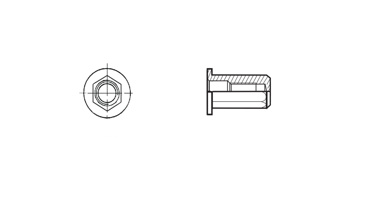 Rivet nut zinc with enlarged shoulder hexagonal closed Bralo креслення