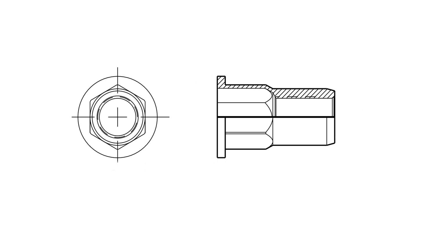 Rivet nut A4 with enlarged shoulder partially hexagonal open Bralo креслення