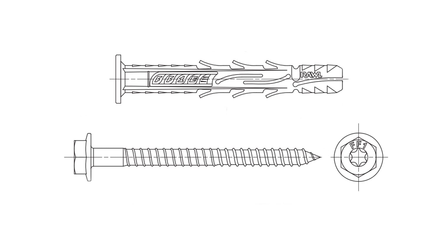 R-FF1-N-K-DT Дюбель нейлон с шурупом цинк с шестигранной головкой RAWLPLUG креслення
